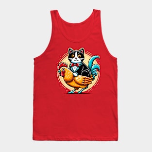 Tuxedo Cat on a Chicken Funny Tank Top